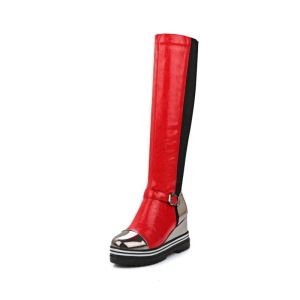 Botas Wedge Women High Boots Platform Knee Botas altas chicas Slip on Fashion Heel Heel Boot Red Black Casual Woman Mujer