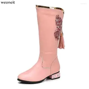 Boots WeOneit 2024 hiver filles Pu Leather Tassel Princess For Kids Fashion Student High Heed Performance Chaussures