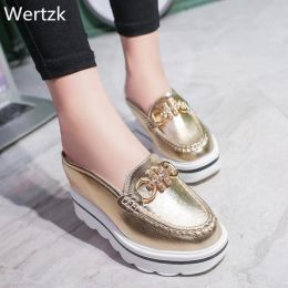 Laarzen Wertzk 2019 vrouw muilezels schoenen sandalen strass ketens metaal ontwerp slippers baotou platform schoenen wiggen slipper e243