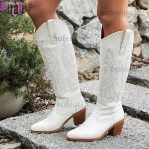 Laarzen Western Cowboy Knie Hoge Laarzen Blok Hoge Hakken Puntschoen Cowgirl Borduur Retro Schoenen Vrouw Rijden Lange Laarsjes Big Size 43 T231121