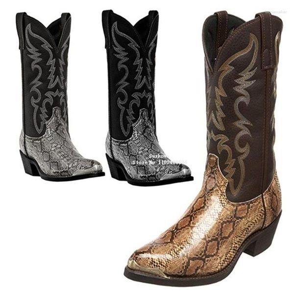 Botas Western Cowboy Hombre Mujer Piel de serpiente Zapatos de tacón medio Coser Cabeza de hierro Punta puntiaguda Invierno Bordado Calzado vintage