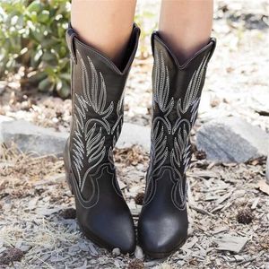 Bottes Western Cowboy Womans Bottes pour femmes Bout pointu Cowgirl Bottes Talons Carrés Genou Haute Bottes Rétro Femmes Chaussures Noir Botas Mujer L230711