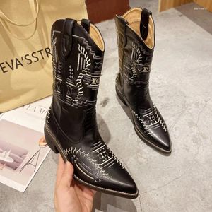 Laarzen Western Cowboy Vrouwen 2024 Winter Mode Hoge Hak Puntschoen Schoenen Vrouwelijke Slip Op Mid-Kalf Zapatos de Mujer