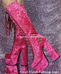 BOTAS Fashion Western Fashion Pink Velvet Heel Knee Knee Plataforma de punta redonda de punta redonda Lace-up grueso largo