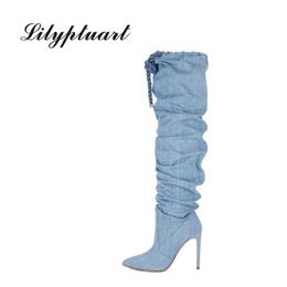 Bottes Style occidental Bleu Denim Genou Haute Féminine Bout Pointu Talon Aiguille Dames Mode Femmes Chaussures Confortables 220901