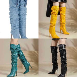 Laarzen westerse stijl blauwe denim knie high laarzen vrouwelijk puntige teen stiletto hiel dames fashion laarzen dames comfortabele schoenen 220913