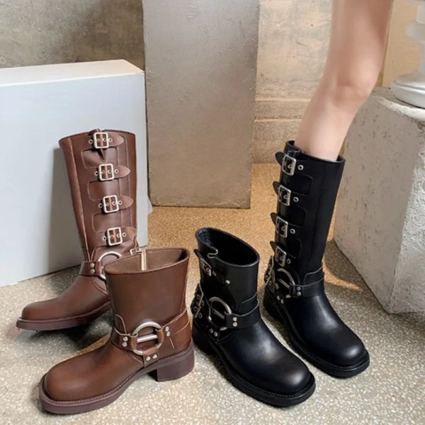 Boots Western Style Femmes Vintage Cowboy Boots Boots Motorcycle brun noir