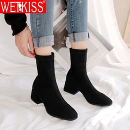 Boots Wetkiss Stretch Flock chaussette élastique Femmes de cheville Botties Solid Square Toe talons épais