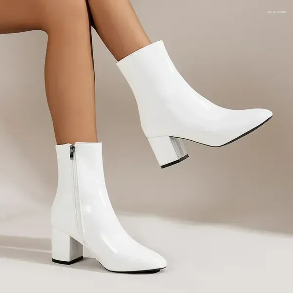 Botas De tobillo blanco para Mujer, cremallera lateral, tacón medio elástico, Bota corta De gran tamaño, zapatos puntiagudos a la moda, Botas De Mujer 2024