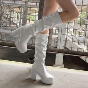 Boots White Knee High Women 2024 Plateforme d'hiver Talons Round Toe Long Female Chaussures