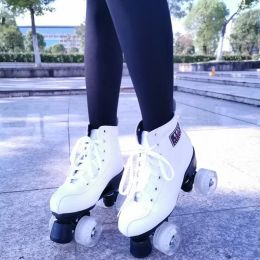 Laarzen witte lederen vrouw roller skates 4wiel zwarte flits dubbele rij schaatsen schoenen flash patines de 4 ruedas outdoor sneakers