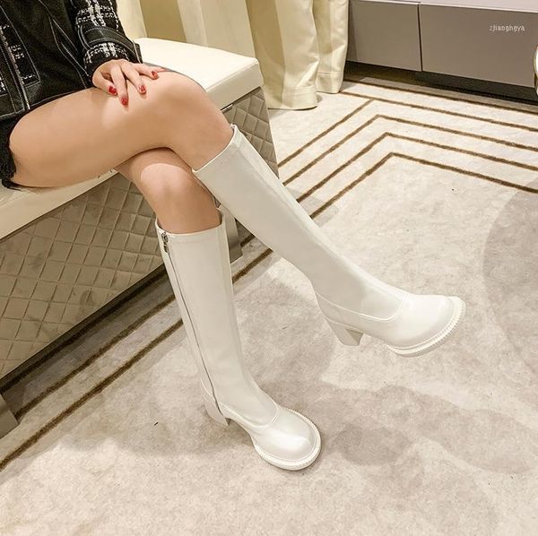 Bottes blanc Long Tube grosse tête mince 2023 hiver talon épais talons hauts Simple mode Plus velours chaud chevalier