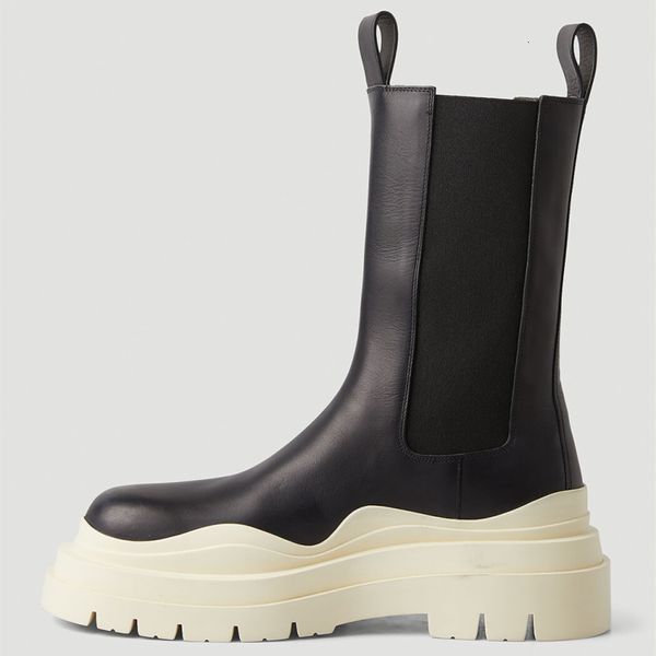 Bottes semelle blanche hommes Chelsea mode dernier Style homme cheminée bout carré hommes mi-mollet mignon chaussures de rue 230818