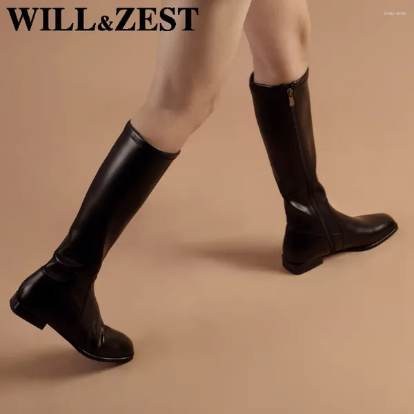 Botas Willzest Women Women Winter High Pipe Long Bota sobre la rodilla Cuero negro Cossacks Woman Outumn Stretch Zapato