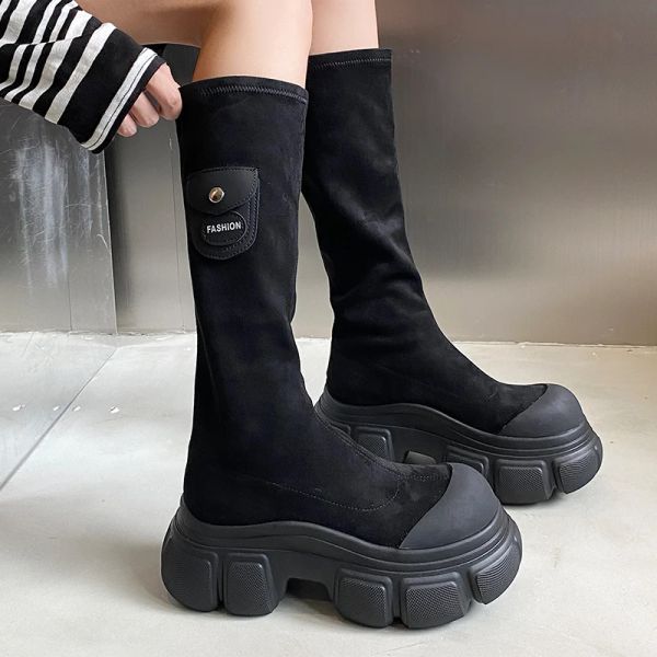 Boots Hiver 2023 Nouvelle plate-forme Femmes Flats Chaussures Suede Marque Chelsea Knee High Boots Designer Gladiator Boots High Goth Bottine Femme