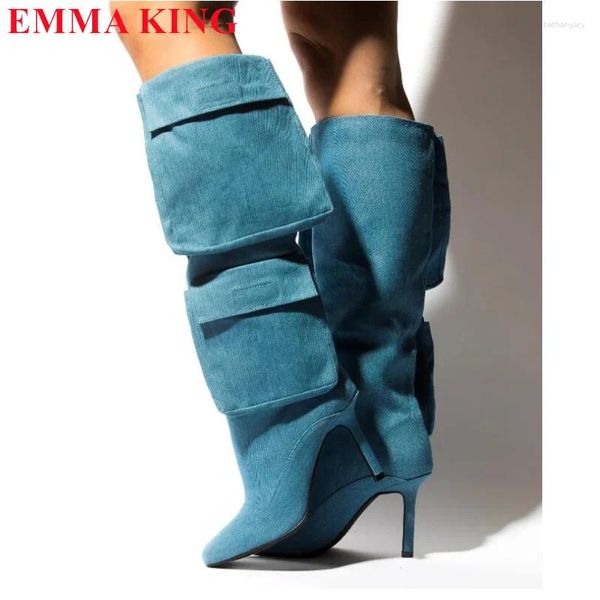 Bottes Hiver et automne Knee High Women Design Fashion Design Pocket Talon Chaussures Femme Foot Points Footwear Plus taille 44