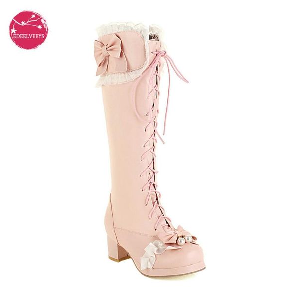 Bottes hiver automne doux femmes genou haut PU cuir bloc talons noeud papillon à lacets Lolita princesse dame fermeture éclair longue équitation