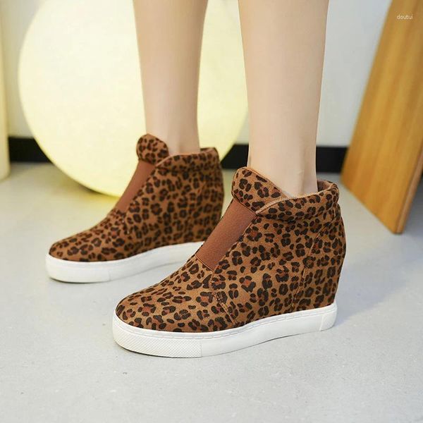 Botas invierno otoño cuñas moda corta leopardo estampado tacón alto nieve peluche piel tobillo mujeres interior elevado