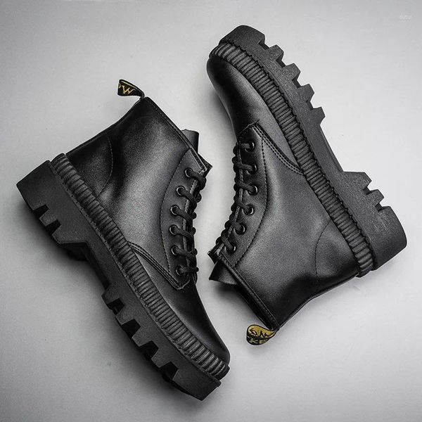 Bottes d'hiver noires en tissu de Base épais pour hommes, mi-hautes, tendance britannique, montantes, coréennes décontractées, chaussures pour hommes, Boots2023