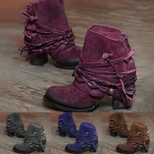 Laarzen winter bohemian hiel dames dikke bodem schoenen laarsjes rond teen retro rand enkel veter omhoog ritssluiting