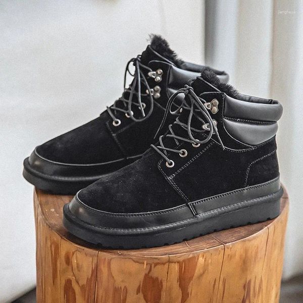 Botas Invierno Estilo británico Retro Retro Chunky Costando peluche dentro de los hombres de Nubuck atados al tobillo Trabajo corto Botas de nieve masculina