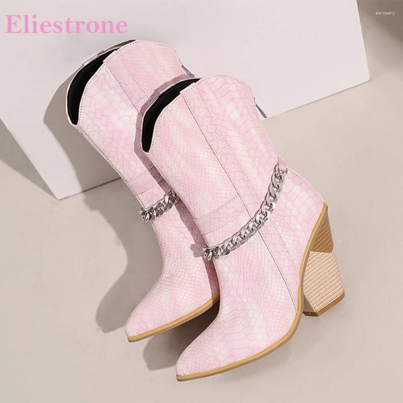 Boots Winter Casual Pink Snake Women Mid Calf 4 Inch High Heel Office Lady Party Shoes Plus Big Size 12 43 45 48