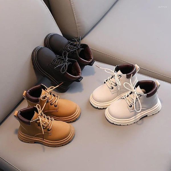 Botas de invierno para niños con cordones delanteros y cabeza redonda, bota única cálida para niña, suela suave y sólida, antideslizante, fondo plano informal