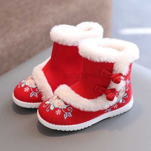 Laarzen Winter Chinese Stijl Meisjes Laarzen Geborduurde Bloemen Katoenen Schoenen Kinderen Warme Pluche Snowboots Kinderen Kostuum Prestaties Schoen L0824