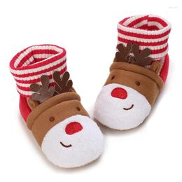 Bottes d'hiver de Noël pour bébés garçons et filles, chaussettes à rayures imprimées, motif de cerf, antidérapantes, cheville douce