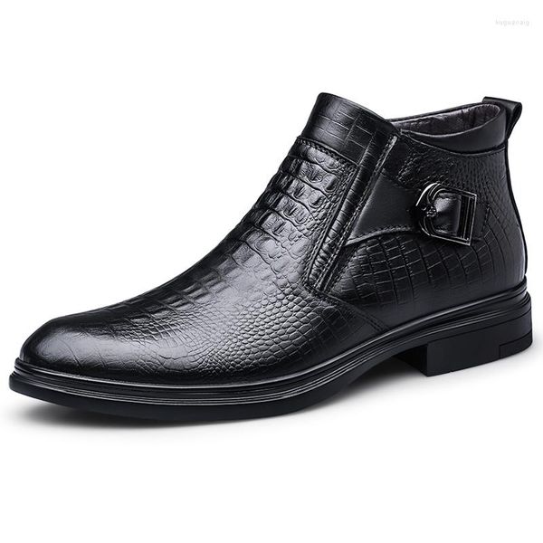 Botas de invierno de algodón para hombre, zapatos de cuero con patrón de cocodrilo, hechos a mano, cálidos genuinos