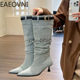 Boots Winter Denim Femme Knee High Boot Fashion Slip on Fin High Heel Botas Ladies Sexy Point Toe Long Booties J230811