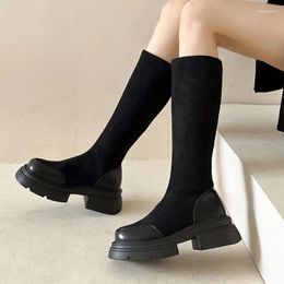 Boots Winter Elastic Fabric Femme High Fashion Side Zippers Ladies Comfrot plate-forme épaisse du fond des chaussures pour femmes