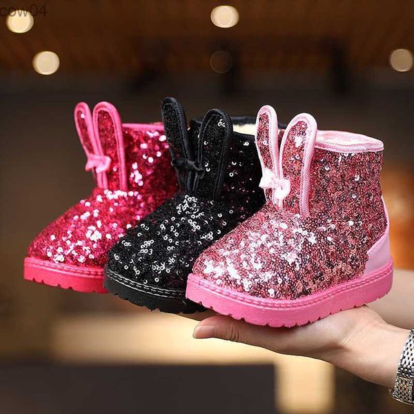 Bottes Mode d'hiver enfants chaussures filles bottes avec paillettes princesse mignon lapin bébé enfant en bas âge bottes de neige nouveaux enfants bottes courtes E09133 L0825