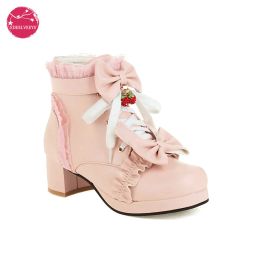 Laarzen winter mode lolita enkel laarzen med dikke hakken groot formaat 43 dikke platform zoete boog aardbeien vrouw roze witte zwarte schoenen