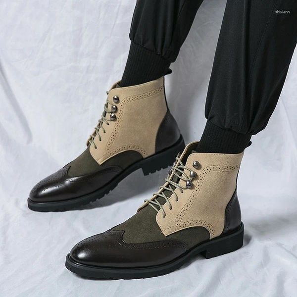 Botas de moda de invierno para hombre puntiagudos colores de mezcla patchwork brogues tobillo masculino casual zapatos altos zapatos hombre
