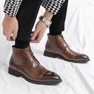 Bottes hiver mode pointu noir marron à lacets cheville tendance hommes décontracté luxe chaussures hautes Zapatos Hombre Vestir