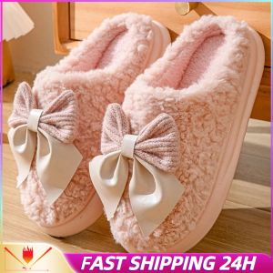 Bottes d'hiver Slippers duveteuses Femmes Bow Intérieur Chaussures en coton Coton Girls Mignon Sool Outdoor Tlides épaisses Mode non glissante 2023 Chaussures