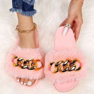 Boots Winter Fluffy Femmes Slippers Gold Chain Fur Slippers Chaussures Femmes Fox Fur Flip Flop Fur Furry Fur Fur Sandales d'extérieur femme