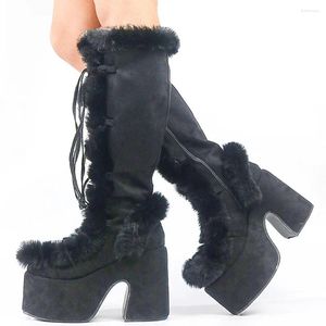 Boots Hiver Fur Big Taille 43 Black Brwon Gothic Gothic Chunky High Heels Platform Keep Warm Shoes Women Women