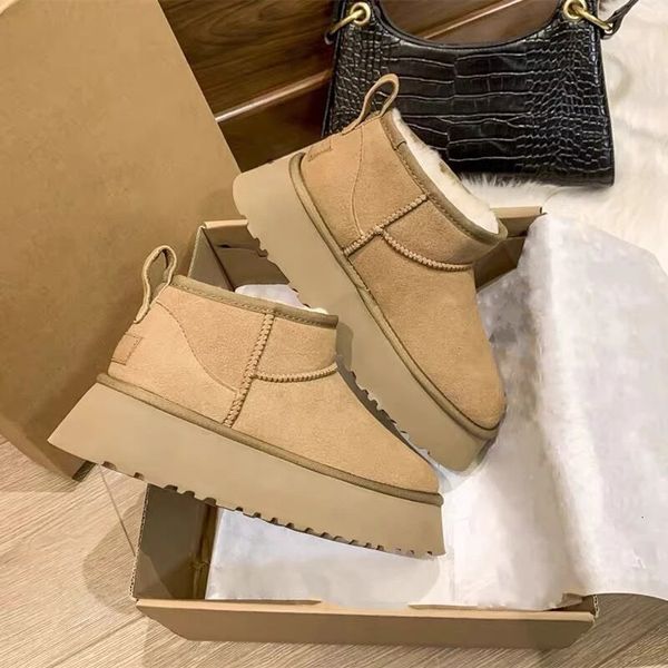 Botas de piel de invierno para mujer, botines cálidos, informales, de lana natural, piel de oveja, gamuza, zapatos cortos de felpa, Botas para Mujer 231026