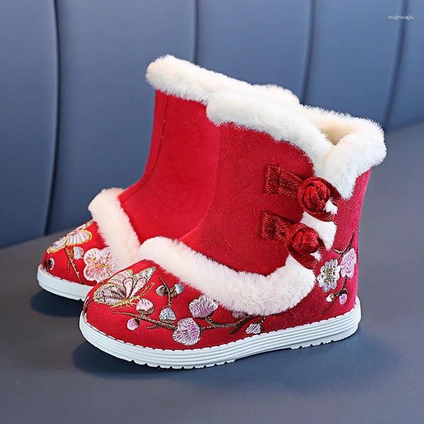 Botas de invierno para niñas, piel de estilo étnico, zapatos de fondo suave para niños, princesa bordada, Top alto, nieve de felpa, 2023