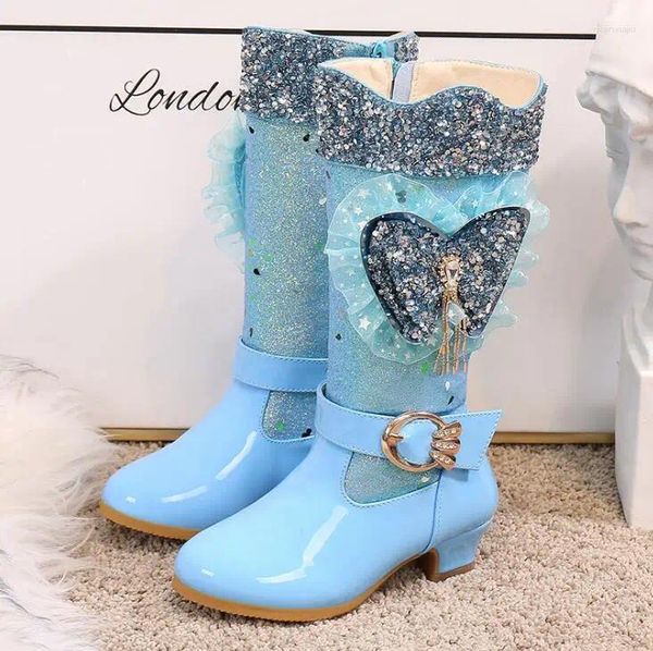 Bottes hiver filles talons hauts botte de neige mode peluche enfants robe paillettes princesse cuir mi-mollet chaud enfants papillon