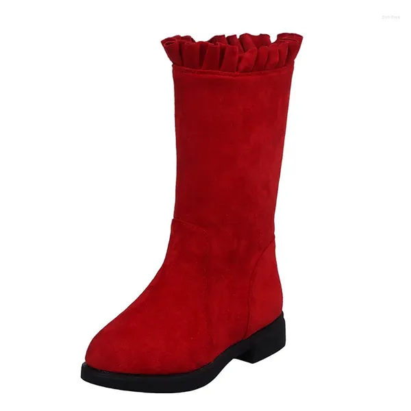 Bottes d'hiver filles longues princesse en cuir élégant en peluche chaude robe plate chaussures de danse neige de Noël