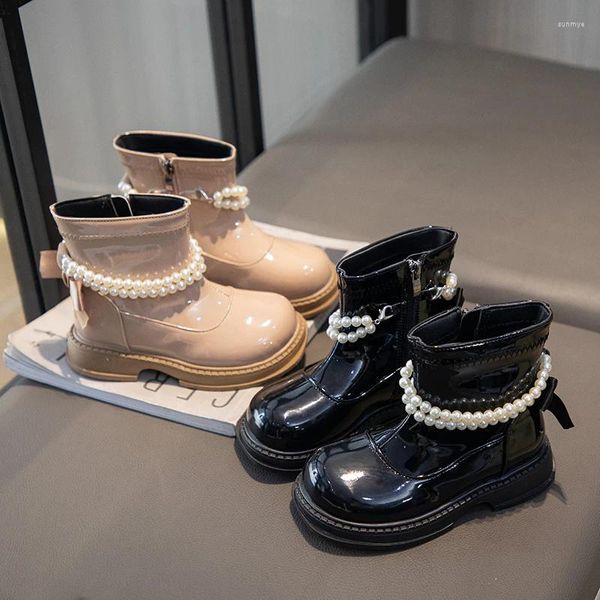 Botas de invierno para niñas Pearl Rib Lacquer Cuero Hermosos Niños Cortos Negro Caqui Grueso Felpa Cálido Zapatos para niños