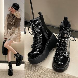 Boots Winter Gothic Punk Womens Platform Boots Black Strap Zipper Creeper Cendages Chaussures Goth