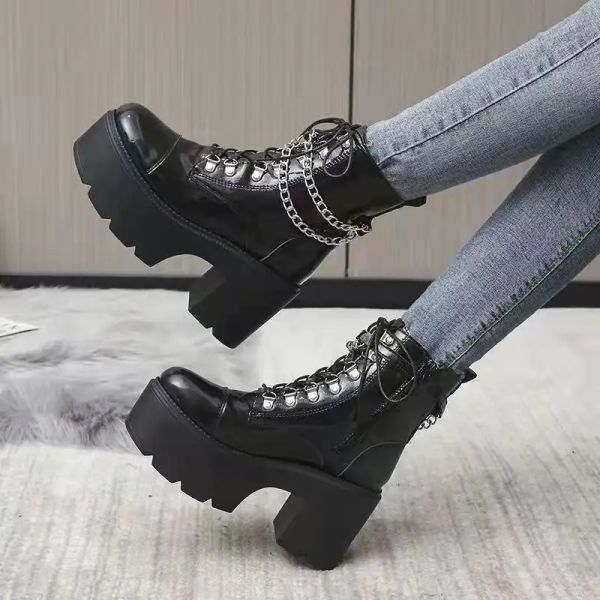 Botas de invierno gótico punk plataforma para mujer botas negros correa de hebilla con cremallera cuña de enredad