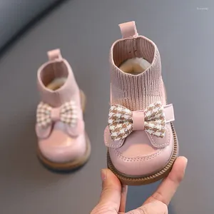 Laarzen Winter Baby Girl's Sock Chunky Bow Elegante schattige kinderen Casual gebreide korte laars Peutermeisje leren schoenen
