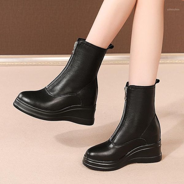 Botas de invierno Japón Corea del Sur cuero genuino tobillo mujeres 8cm cuñas moda negro zapatos impermeables Taiwán1