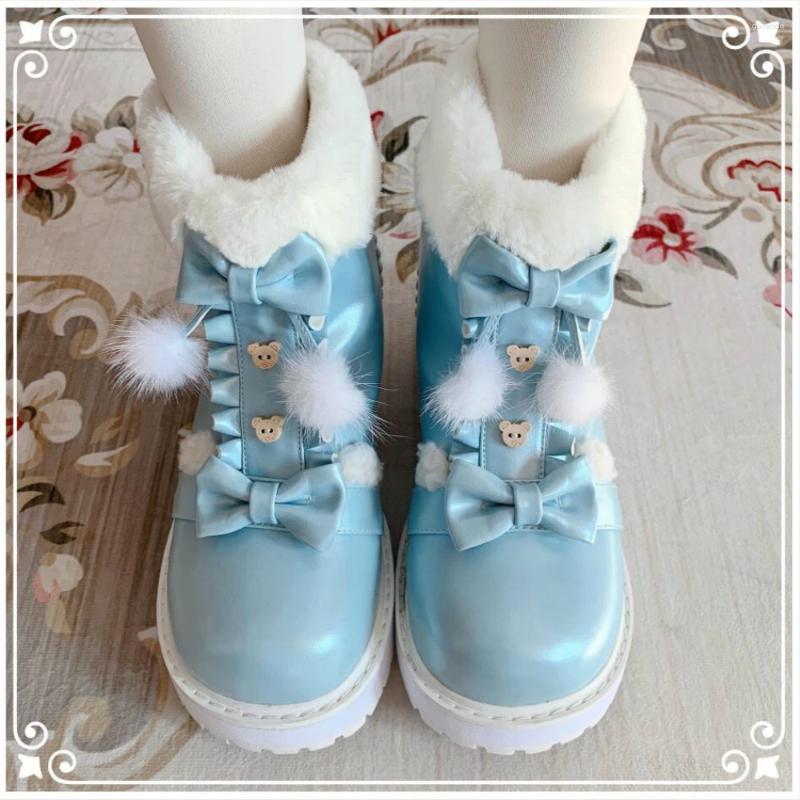 Boots Winter Kawaii Girl Sweet Lolita Vintage Round Head Plush Cashmere Warm Women Shoes Cute Bowknot Snow