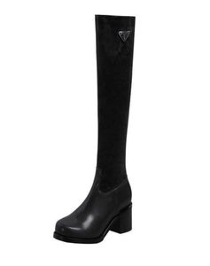 Bottes d'hiver Knee High Boots Femme Designer Toe Round Talons bas Chaussures en cuir véritable en cuir en cuir